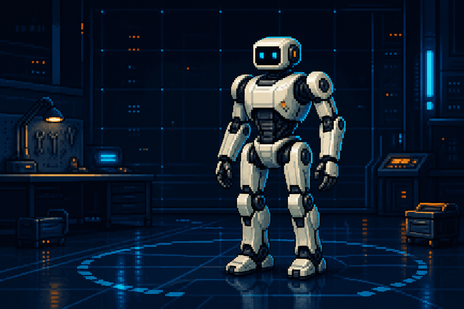 Original pixel art of a contemporary humanoid robot in a robotics development lab