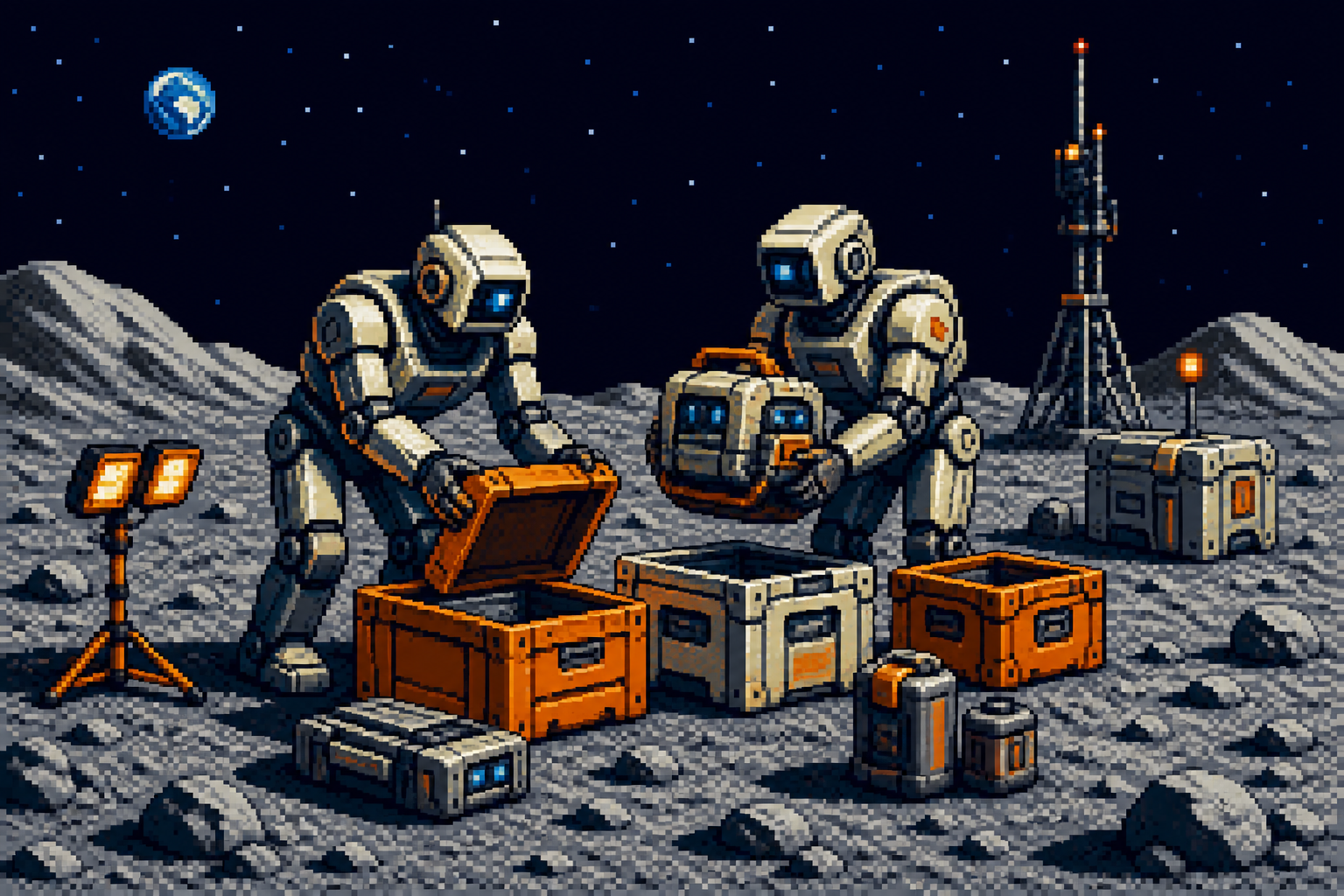 Original pixel art of two humanoid robots unpacking supply crates on the Moon