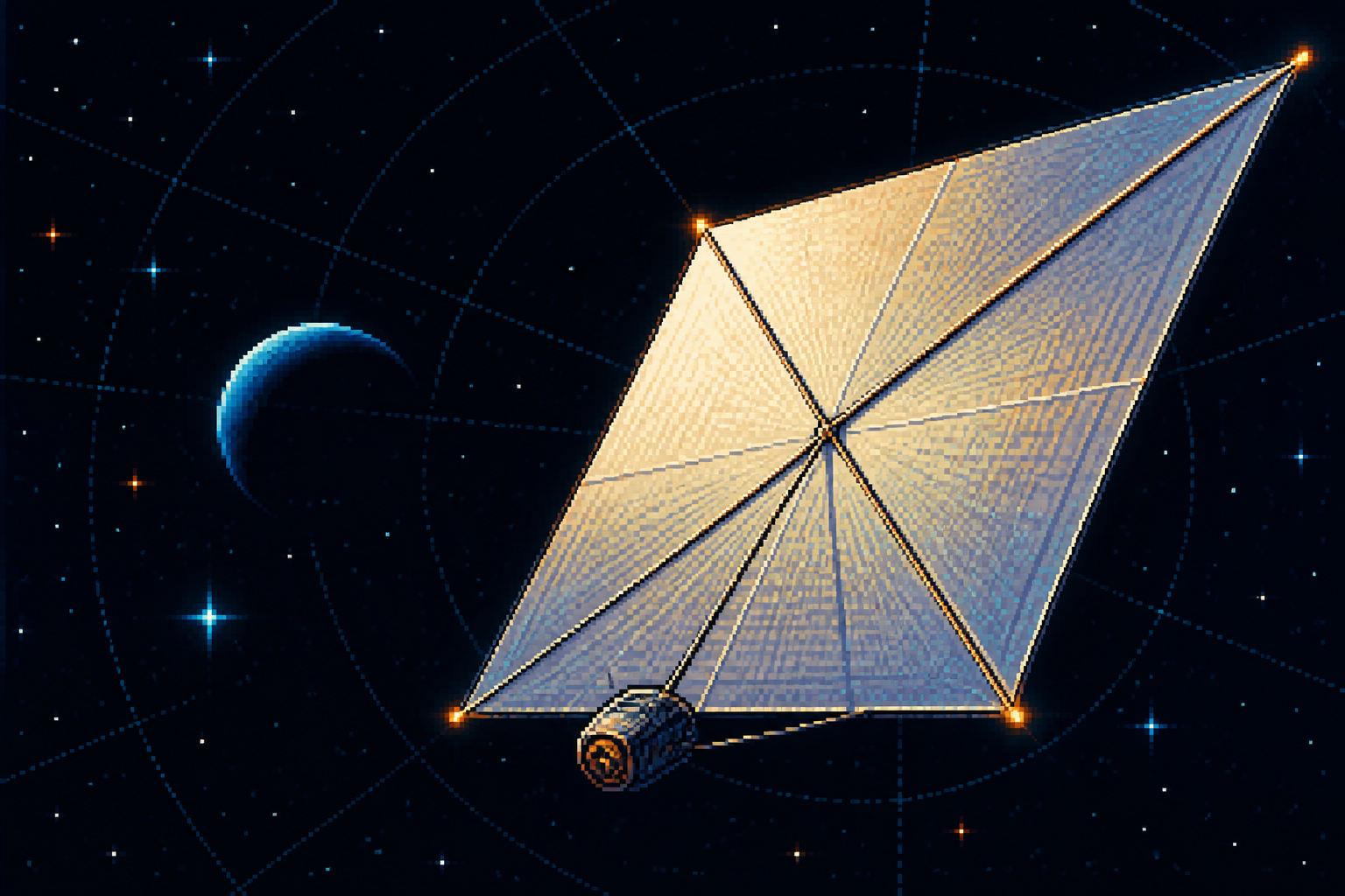 Original pixel art of a luminous solar-sail spacecraft in deep space